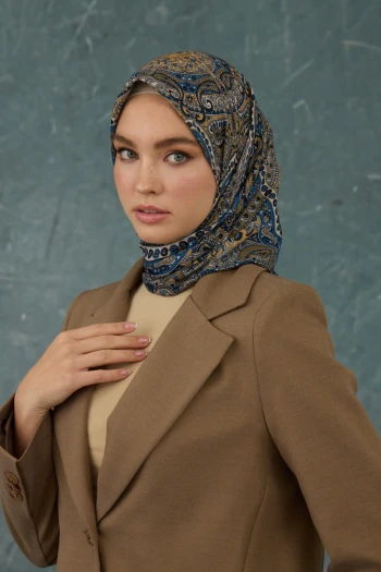 Moda Mevsimi İpekhan Soft Pamuk Etro Desen Eşarp 1224-15 Mavi Hardal V-15 Mavi Hardal