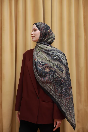 Moda Mevsimi İpekhan Soft Pamuk Etro Etnik Desen Şal 3055-08 Siyah Vizon V-08 Siyah Vizon