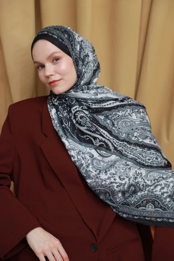Moda Mevsimi İpekhan Soft Pamuk Etro Etnik Desen Şal 3055-12 Siyah Beyaz V-12 Siyah Beyaz