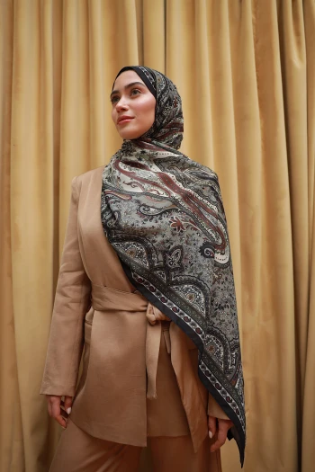 Moda Mevsimi İpekhan Soft Pamuk Etro Etnik Desen Şal 3055-14 Siyah Haki V-14 Siyah Haki