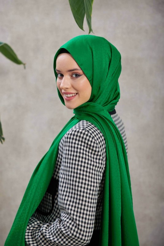 Moda Mevsimi İpekhan Alesa Desen İpeksi Jakar Şal Yeşil