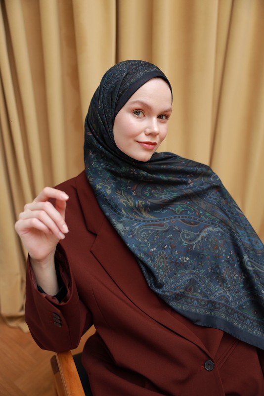 Moda Mevsimi İpekhan Soft Pamuk Etro Etnik Desen Şal 3055-10 Koyu Lacivert