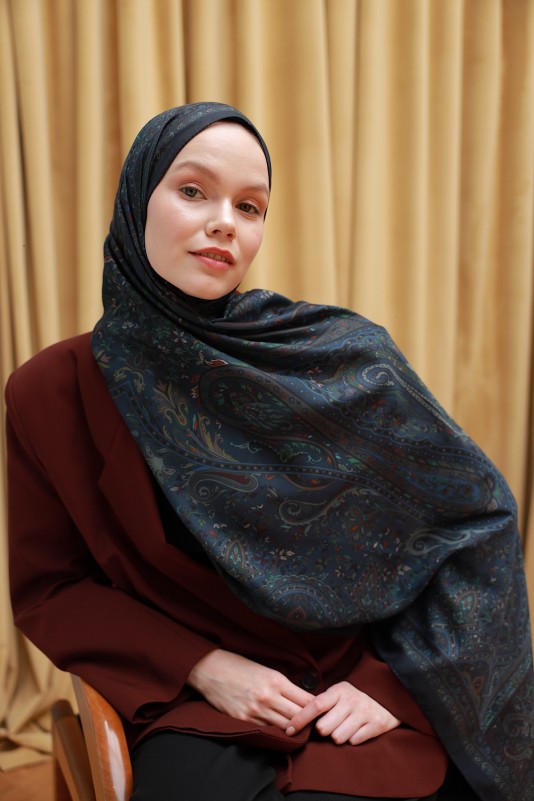 Moda Mevsimi İpekhan Soft Pamuk Etro Etnik Desen Şal 3055-10 Koyu Lacivert