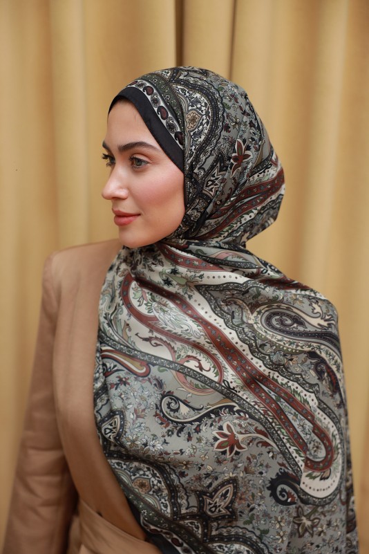 Moda Mevsimi İpekhan Soft Pamuk Etro Etnik Desen Şal 3055-14 Siyah Haki
