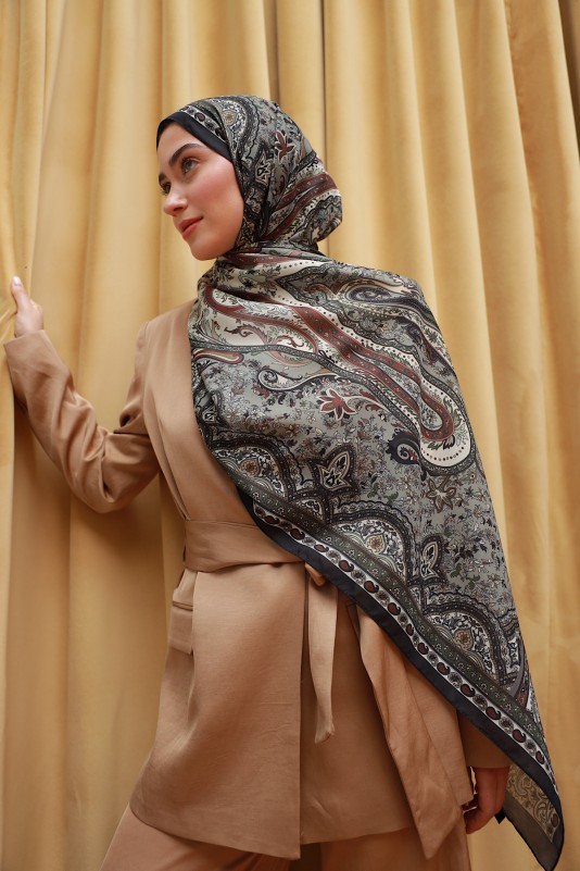 Moda Mevsimi İpekhan Soft Pamuk Etro Etnik Desen Şal 3055-14 Siyah Haki
