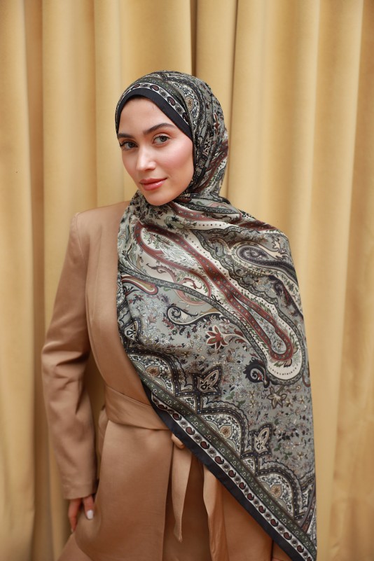 Moda Mevsimi İpekhan Soft Pamuk Etro Etnik Desen Şal 3055-14 Siyah Haki