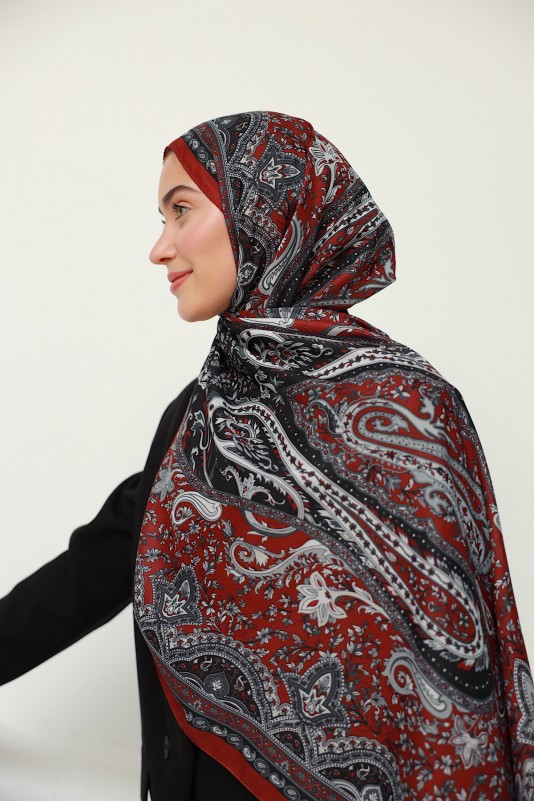 Moda Mevsimi İpekhan Soft Pamuk Etro Etnik Desen Şal 3055-16 Açık Bordo