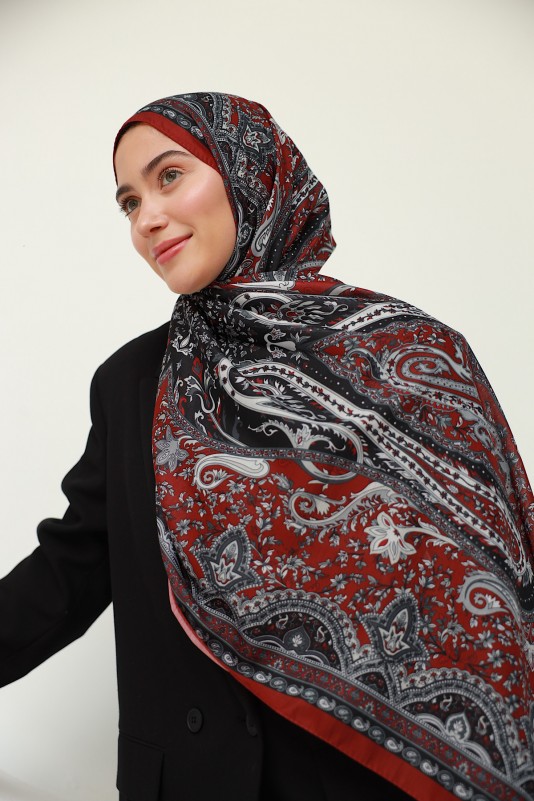 Moda Mevsimi İpekhan Soft Pamuk Etro Etnik Desen Şal 3055-16 Açık Bordo