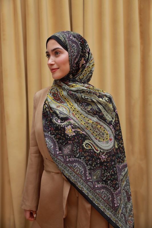 Moda Mevsimi İpekhan Soft Pamuk Etro Etnik Desen Şal 3055-V-09 Siyah Pembe