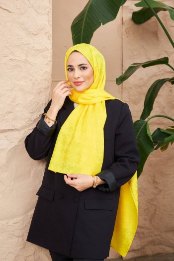 Moda Mevsimi İpekhan Cross Desen İpeksi Jakar Şal Sarı