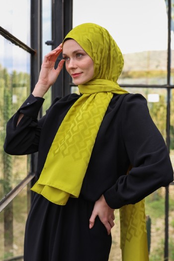 Moda Mevsimi İpekhan Kaktüs Desen İpeksi Jakar Şal Lime