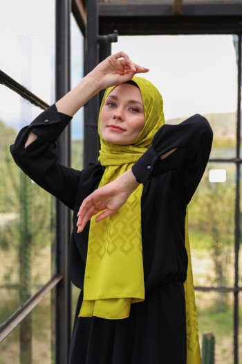 Moda Mevsimi İpekhan Kaktüs Desen İpeksi Jakar Şal Lime