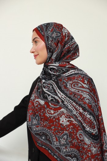 Moda Mevsimi İpekhan Soft Pamuk Etro Etnik Desen Şal 3055-16 Açık Bordo